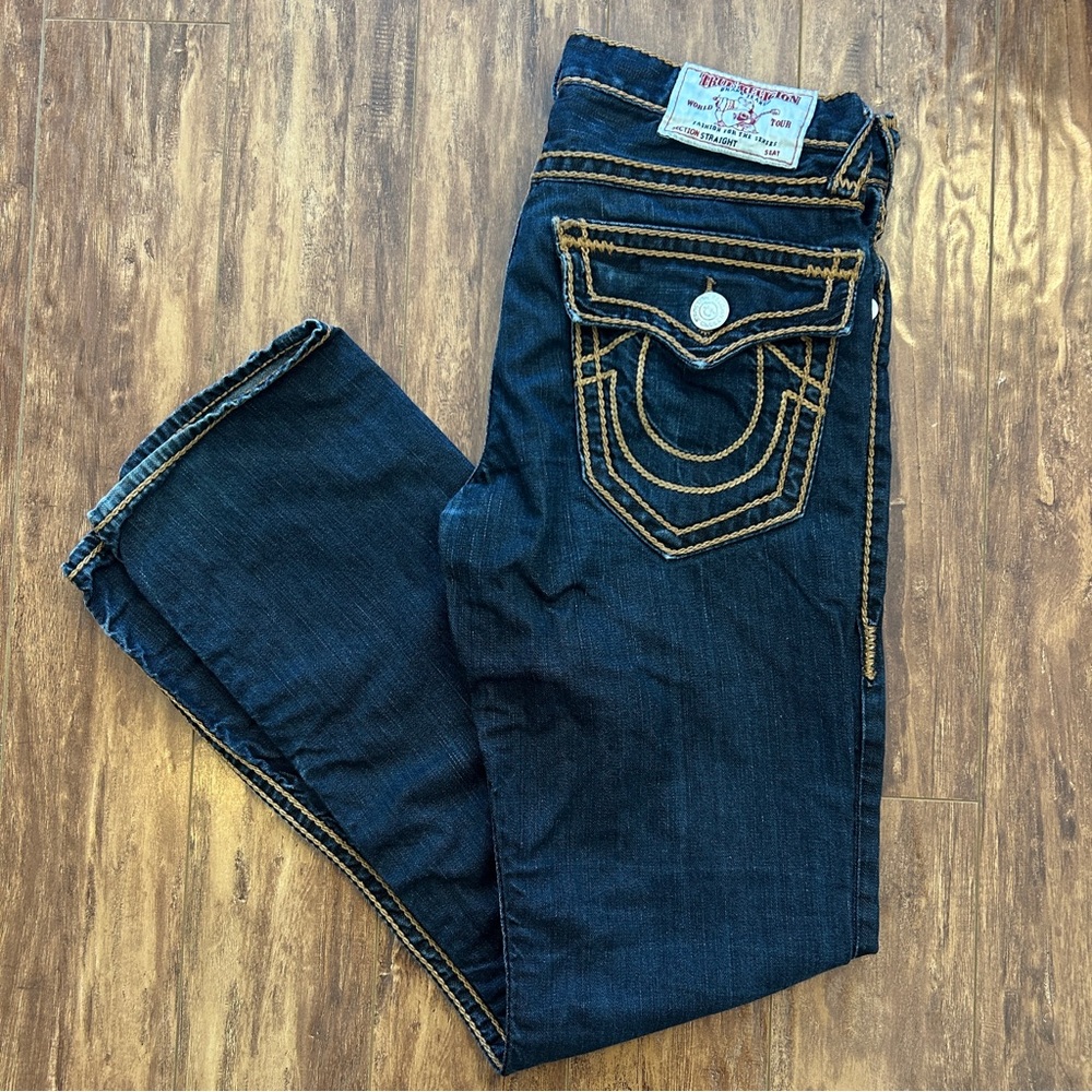 True Religion men's jeans 32 x 32 straight flap pocket blue denim pants brown